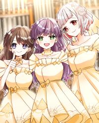 3girls :d bare_shoulders braid breasts brown_hair closed_mouth collarbone colored_inner_hair commentary_request cowboy_shot crown_braid dated diagonal_bangs dress flower-shaped_hair frilled_dress frills fujishima_megumi green_eyes highres index_finger_raised itsudemo_itsumademo_(love_live!) kanduki_kamibukuro large_breasts link!_like!_love_live! long_hair looking_at_viewer love_live! medium_breasts medium_dress multicolored_hair multiple_girls off-shoulder_dress off_shoulder official_alternate_costume open_mouth otomune_kozue purple_eyes purple_hair red_eyes red_hair short_hair smile split_mouth streaked_hair two_side_up virtual_youtuber white_hair yellow_dress yugiri_tsuzuri