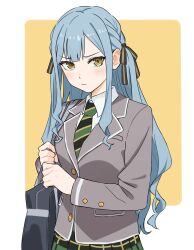 1girl absurdres add_leir bag bang_dream! bang_dream!_it&#039;s_mygo!!!!! black_bag black_ribbon blue_hair blush braid chinese_commentary closed_mouth commentary_request diagonal-striped_clothes diagonal-striped_necktie green_necktie green_skirt grey_jacket hair_ribbon highres jacket long_hair long_sleeves necktie plaid_clothes plaid_skirt ribbon school_bag shoulder_bag sidelocks skirt solo striped_clothes togawa_sakiko yellow_eyes