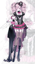 1girl absurdres black_dress boots breasts doll dress drill_hair drowsyww frills full_body garter_straps hair_ornament highres jewelry long_hair long_sleeves looking_at_viewer original pink_hair purple_eyes skirt solo standing stuffed_animal stuffed_rabbit stuffed_toy thighhighs twin_drills twintails white_background zoom_layer