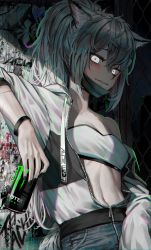 1girl a0lp alternate_costume alternate_hairstyle animal_ears arknights bandeau bare_shoulders black_nails breasts can commentary glowing glowing_eyes graffiti highres holding holding_can jacket lappland_(arknights) long_hair looking_at_viewer midriff monster_energy nail_polish navel off_shoulder pants parted_lips ponytail silver_hair small_breasts solo stomach strapless tube_top upper_body white_eyes white_jacket wolf_ears