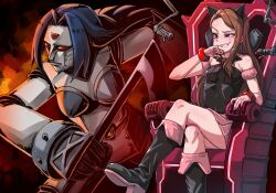 1girl absurdres animal_ears bat_brooch black_boots boots brown_hair cat_ears commentary crossed_legs english_commentary fake_animal_ears grin hand_up highres hold111 idolmaster idolmaster_(classic) knee_boots long_hair mecha minase_iori miura_azusa mujin_gattai_kisaragi pink_eyes robot sitting skirt smile throne