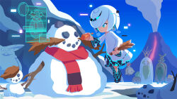 1girl big_the_cat blue_eyes blue_sky carrot character_snowman dr._eggman dress floating hermit_koco holographic_interface koco_(sonic) mountain official_art sage_(sonic) scarf sega sky smile smoke snow snowing snowman sonic_(series) sonic_channel sonic_frontiers sonicofficialjp uno_yuuji volcano white_dress white_hair
