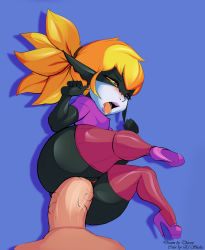 1boy 1girl ahegao blonde_hair blush breasts clitoris clothed_sex el_shaka_(artist) half-closed_eyes hetero high_heels highres large_insertion lipstick makeup midna moaning nintendo open_mouth orange_eyes penis ponytail pov pussy sex small_breasts the_legend_of_zelda thecon thick_thighs thighs tongue tongue_out uncensored vaginal veins veiny_penis