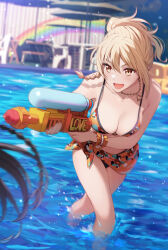 2girls :d bead_bracelet bead_necklace beads bikini black_hair blonde_hair bracelet breasts cleavage firing highres holding holding_water_gun jewelry love_live! love_live!_nijigasaki_high_school_idol_club medium_breasts miyashita_ai multiple_girls necklace open_mouth out_of_frame ponytail pool rainbow sarong shamakho short_ponytail smile solo_focus strap_gap swimsuit thighs wading water water_gun yellow_eyes yuki_setsuna