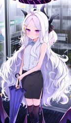 Rule 34 | 1girl, absurdres, bare arms, bare shoulders, black skirt, black thighhighs, black umbrella, blue archive, blush, caffeinechara, closed mouth, double-parted bangs, fluffy hair, halo, highres, hina (blue archive), holding, holding umbrella, long hair, looking at viewer, pencil skirt, purple eyes, purple halo, rain, shirt, shoge, skirt, sleeveless, sleeveless shirt, solo, standing, striped clothes, striped shirt, thighhighs, umbrella, vertical-striped clothes, vertical-striped shirt, white hair, white shirt