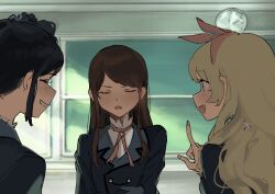 3girls :d ^_^ aikatsu! aikatsu!_(series) blazer blonde_hair blue_jacket brown_hair classroom closed_eyes hand_up highres hoshimiya_ichigo index_finger_raised indoors jacket kiriya_aoi long_hair looking_at_another multiple_girls neck_ribbon open_mouth red_ribbon ribbon school_uniform shibuki_ran shirt side_ponytail smile soleil_(aikatsu!) starlight_academy_school_uniform suiso_(owp) upper_body white_shirt winter_uniform