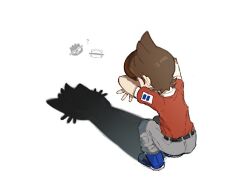 1boy amano_keita blue_shoes brown_hair cat_shadow_puppet_(meme) grey_pants meme pants red_shirt shadow shirt shoes short_hair short_sleeves simple_background solo toraware_x white_background youkai_watch