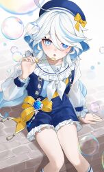 1girl :o ahoge alternate_costume blowing_bubbles blue_eyes blue_gemstone blue_hair blue_hat blue_pupils blue_shorts blush bow bubble bubble_wand clothing_request commentary_request drop-shaped_pupils furina_(genshin_impact) gem genshin_impact hair_between_eyes hand_up hat hat_bow heterochromia highres holding hydro_symbol_(genshin_impact) long_sleeves looking_at_viewer medium_hair multicolored_hair sailor_collar see-through_clothes see-through_sleeves shorts sitting solo streaked_hair symbol-shaped_pupils taira_(taira_oekaki) vision_(genshin_impact) white_hair white_sailor_collar yellow_bow