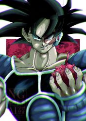 Rule 34 | 1boy, black fur, black hair, dragon ball, dragonball z, food, fruit, highres, holding, holding food, holding fruit, male focus, medium hair, saiyan armor, scouter, smirk, solo, spiked hair, stktik09060906, tullece, upper body