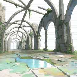 arch dilapidated highres isobe_toast moss no_humans original overgrown paper_background puddle ruins scenery stone_walkway water