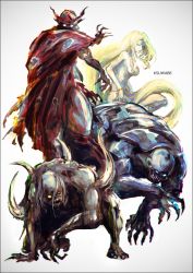 1girl 3others artist_name barbariccia blonde_hair cagnazzo final_fantasy final_fantasy_iv full_body k-suwabe long_hair monster multiple_others rubicante simple_background square_enix torn_clothes very_long_hair white_background