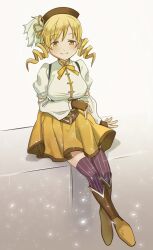 1girl blonde_hair boots breasts crossed_ankles detached_sleeves drill_hair fingerless_gloves full_body gloves halorane hat highres large_breasts magical_girl mahou_shoujo_madoka_magica sitting solo thighhighs tomoe_mami twin_drills yellow_eyes