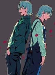 2boys andou_loid apron back-to-back black_pants blue_apron closed_mouth commentary_request cowboy_shot dual_persona dutch_angle from_side glasses green_eyes green_jacket grey_background grey_hair hand_on_own_arm hands_in_pockets jacket jinzou_konchuu_kabutoborg_vxv kuroda_(kuro_yyy) looking_at_another looking_back male_focus mini_eyewear multiple_boys open_mouth pants petals red_petals rose_petals round_eyewear shirt short_hair simple_background smile standing white_shirt