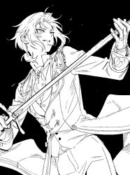 Rule 34 | 1boy, character request, ensemble stars!, epaulettes, gloves, holding, holding sword, holding weapon, jacket, looking to the side, monochrome, pants, parted lips, ponytail, shirt, short ponytail, solo, sword, uniform, weapon, zn242878163