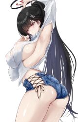Rule 34 | 1girl, absurdres, alternate costume, alternate hairstyle, arm up, armpit cutout, armpits, ass, black hair, blue archive, blue shorts, blush, breasts, closed mouth, clothing cutout, commentary request, covered erect nipples, cowboy shot, cross-laced clothes, cross-laced shorts, denim, denim shorts, hair ornament, hairpin, highres, large breasts, long hair, long sleeves, noa (skae3323), ponytail, red eyes, rio (blue archive), shirt, shorts, sideboob, simple background, solo, thighs, very long hair, white background, white shirt