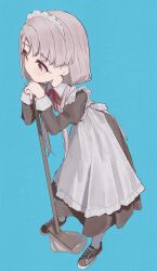 1girl apron black_dress black_shoes blue_background brown_eyes closed_mouth commentary_request dress full_body grey_hair highres hisakawa_nagi holding holding_mop idolmaster idolmaster_cinderella_girls juliet_sleeves leaning_forward leaning_on_object long_hair long_sleeves low_twintails maid maid_headdress mop neck_ribbon pantyhose puffy_sleeves red_ribbon ribbon shoes simple_background sneakers solo standing tsuchi_(sh_spica1) twintails white_apron