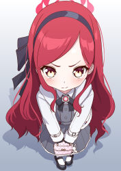 1girl absurdres bag black_bow black_bowtie black_gloves black_hairband blue_archive bow bowtie commentary dress english_commentary forehead fur-trimmed_jacket fur_trim gloves grey_dress hair_behind_ear hairband halo highres holding holding_bag jacket long_hair long_sleeves looking_at_viewer open_clothes open_jacket red_hair simple_background snkagawa solo tagme takane_(blue_archive) very_long_hair white_jacket yellow_eyes