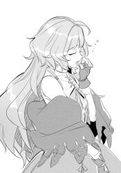 1girl ahoge bare_shoulders fingerless_gloves gloves long_hair mabinogi monochrome rian_(bdl) rowan_(mabinogi) sleepy sleeveless yawning