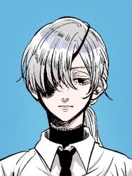 1girl black_eyes black_necktie blue_bag chainsaw_man closed_mouth collared_shirt expressionless eyepatch grey_hair haru_rice long_hair necktie ponytail quanxi_(chainsaw_man) shirt solo white_shirt