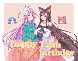 4girls adapted_costume animal_ear_fluff animal_ears aqua_shirt bare_shoulders blue_hair bow breasts brooch brown_hair closed_eyes closed_mouth collared_shirt commentary_request dress english_text fins fox_mask hair_bow happy_birthday hashi2387 hata_no_kokoro head_fins highres holding_hands imaizumi_kagerou interlocked_fingers jewelry long_hair long_sleeves mask mask_on_head mermaid monster_girl multiple_girls off-shoulder_dress off_shoulder open_mouth orange_skirt pink_eyes pink_hair plaid_clothes plaid_shirt purple_bow red_brooch red_eyes red_hair sekibanki shirt skirt skirt_cutout smile tail touhou very_long_hair wakasagihime wide_sleeves wolf_ears wolf_girl wolf_tail