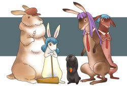 5girls animal_ears animalization blue_hair carrot_necklace collar crossed_arms dango detached_collar flat_cap food hat holding holding_food inaba_tewi inaba_tewi_(bunny) jewelry kine long_hair mallet multiple_girls necklace necktie no_humans onikobe_rin purple_hair rabbit rabbit_ears red_eyes reisen reisen_(bunny) reisen_(touhou_bougetsushou) reisen_(touhou_bougetsushou)_(bunny) reisen_udongein_inaba reisen_udongein_inaba_(bunny) ringo_(touhou) ringo_(touhou)_(bunny) seiran_(touhou) seiran_(touhou)_(bunny) short_hair touhou wagashi