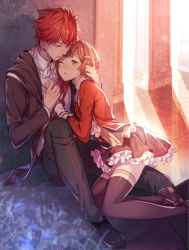 10s 1boy 1girl black_thighhighs blonde_hair brown_eyes brown_hair closed_eyes commentary_request couple dance_with_devils frills hair_ornament hetero holding_hands hug jacket long_sleeves lying_on_person pekoo_(pekota) red_hair school_uniform short_hair sitting tachibana_lindo tachibana_ritsuka thighhighs