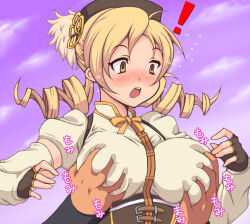 ! 1girl blonde_hair blush breasts brown_corset brown_gloves brown_hat commentary_request corset drill_hair fingerless_gloves flying_sweatdrops gloves grabbing_another&#039;s_breast grabbing_from_behind groping hat kihaiu large_breasts mahou_shoujo_madoka_magica mahou_shoujo_madoka_magica_(anime) neck_ribbon open_mouth partial_commentary pink_background ribbon short_sleeves solo_focus sweat teeth tomoe_mami tomoe_mami_(magical_girl) twin_drills upper_body upper_teeth_only white_arm_warmers yellow_eyes yellow_ribbon