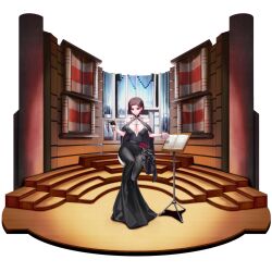 1girl bare_shoulders belt between_breasts black_belt black_dress black_gloves black_shawl bracelet breasts breasts_apart brown_hair collarbone colored_inner_hair column conductor conductor_baton d-log dress earrings evening_gown flower frills full_body gem gloves grin hair_intakes half_gloves highres hobble_dress holding_baton indoors instrument jewelry large_breasts last_origin long_dress looking_at_viewer merlin_(last_origin) multicolored_hair music_stand off-shoulder_dress off_shoulder official_alternate_costume official_art organ_(instrument) pillar plunging_neckline red_eyes red_flower red_gemstone red_hair red_rose rose see-through_clothes see-through_shawl shawl sheet_music short_hair single_glove sitting skin_tight slit_pupils smile solo stage stool tachi-e third-party_source transparent_background two-tone_hair v-shaped_eyebrows wrist_straps