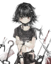 1girl bandages belt black_belt black_choker black_hair black_skirt blood blood_bag blood_on_object bracelet brown_eyes canvas_texture chain chain_bracelet choker chunkyeggy cowboy_shot crop_top hacksaw hair_ornament hairclip hand_on_own_arm highres jewelry looking_at_viewer mole navel needle no_mouth original saw scissors short_hair short_sleeves simple_background skirt solo surgical_scissors swept_bangs syringe white_background