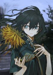 Rule 34 | 1girl, blue eyes, collared shirt, distortion, expressionless, fence, flower, green hair, green shirt, highres, holding, holding flower, long hair, messy hair, original, shirt, skkc 128, smudge, smudge tool, solo, sunflower, surreal, tree, upper body