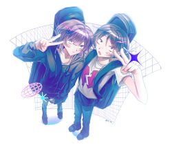 2girls black_eyes black_hair blush broken_heart closed_mouth commentary dai_(5_29) from_above fujii_ayame full_body futsuu_no_keion-bu guitar_case hair_ornament hand_up hatono_chihiro heart highres instrument_case instrument_case_on_back jewelry multiple_girls necklace open_mouth pants perspective print_shirt purple_eyes purple_hair sandals shirt shoes short_hair standing star_(symbol) star_hair_ornament t-shirt v white_shirt y2k_fashion