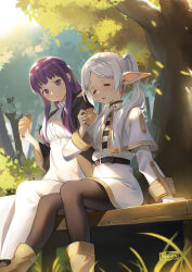 2girls absurdres artist_name belt bench black_belt black_pantyhose black_robe bread capelet closed_eyes closed_mouth day dress earrings elf fern_(sousou_no_frieren) food frieren highres holding holding_food jewelry long_hair multiple_girls on_bench outdoors pantyhose parisa_reaz pointy_ears purple_eyes purple_hair robe shirt sitting skirt sousou_no_frieren striped_clothes striped_shirt tree twintails white_capelet white_dress white_hair white_skirt wooden_bench