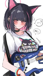 1girl absurdres animal_ears bass_guitar black_choker black_hair blue_archive blunt_bangs cat_ears cat_girl choker colored_inner_animal_ears colored_inner_hair czt_print ear_piercing from_side highres holding holding_bass_guitar holding_instrument instrument kazusa_(band)_(blue_archive) kazusa_(blue_archive) multicolored_hair official_alternate_costume piercing pink_eyes pink_hair shirt short_hair solo sunaneko two-tone_hair white_shirt