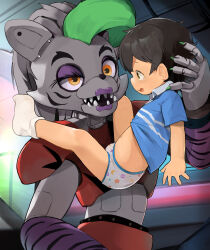 1boy 1girl animal_print belt blue_shirt five_nights_at_freddy&#039;s five_nights_at_freddy&#039;s:_security_breach five_nights_at_freddy&#039;s_1 gregory_(fnaf) highres robot roxanne_wolf shirt shota studded_belt underwear you_gonna_get_raped yupa_(notebook14) zebra_print