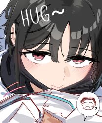 1boy 1girl ? black_hair blue_archive blush commentary commentary_request doodle_sensei_(blue_archive) dress_shirt ear_piercing english_commentary english_text from_above herzero highres hug id_card image_in_speech_bubble jacket looking_at_viewer looking_up mask mask_pull misaki_(blue_archive) mixed-language_commentary mouth_mask piercing pov red_eyes sensei_(blue_archive) shirt short_hair speech_bubble spoken_question_mark sweatdrop