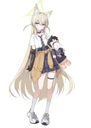 1girl absurdres alternate_costume animal_ear_fluff animal_ears arm_warmers black_choker blonde_hair blue_archive casual choker clothes_around_waist doll doodle_sensei_(blue_archive) expressionless fox_ears fox_girl green_halo halo highres holding holding_doll jacket jacket_around_waist kurumi_(blue_archive) long_hair nammmmer necktie plaid_clothes plaid_skirt school_uniform sensei_(blue_archive) skirt stuffed_toy thigh_strap triangle_halo two_side_up white_background