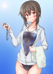 Rule 34 | 1girl, anti (untea9), black one-piece swimsuit, blue background, blue one-piece swimsuit, blush, breasts, brown eyes, brown hair, collarbone, competition swimsuit, covered navel, gluteal fold, gradient background, hair between eyes, highres, jacket, kantai collection, long sleeves, looking at viewer, one-piece swimsuit, open clothes, open jacket, short hair, small breasts, smile, solo, stopwatch, swimsuit, taihou (kancolle), towel, track jacket, two-tone swimsuit, watch, white jacket