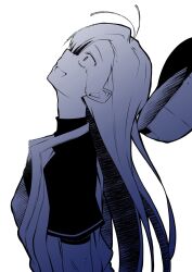 Rule 34 | 1girl, ado (utaite), baseball cap, commentary request, crying, crying with eyes open, hat, highres, long hair, looking up, merry (ado), monochrome, nori (norinori yrl), open mouth, profile, readymade (ado), simple background, solo, tears, upper body, white background