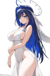Rule 34 | 1girl, alternate costume, artist name, bare shoulders, blue eyes, blue hair, breasts, cleavage, closed mouth, commentary, covered navel, cowboy shot, dress, fingernails, hair intakes, halo, hashtag-only commentary, helloimtea, highres, hololive, hololive english, jewelry, large breasts, long hair, looking at viewer, necklace, no panties, ouro kronii, paid reward available, patreon username, sideboob, simple background, solo, thighs, twitter username, veil, very long hair, white background, white dress, white veil
