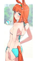 1girl animal_ears ass back bare_shoulders bikini blue_bikini blue_eyes blunt_bangs blurry blurry_background blush cowboy_shot flat_chest flying_sweatdrops from_behind hair_ornament hairband hairclip hand_on_own_hip highres hime_cut horse_ears horse_girl horse_tail long_hair looking_at_viewer looking_back nape nerukichikatafukuma official_alternate_costume orange_hair side-tie_bikini_bottom silence_suzuka_(emerald_on_the_waves)_(umamusume) silence_suzuka_(umamusume) smile solo spoken_flying_sweatdrops swimsuit tail umamusume white_hairband