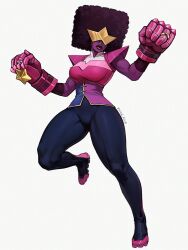 Rule 34 | 1girl, adelheid (moschiola), afro, black hair, breasts, colored skin, dark skin, garnet (steven universe), gauntlets, highres, looking at viewer, muscular, muscular female, purple skin, skin tight, solo, steven universe, sunglasses, thick thighs, thighs