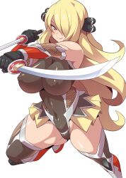 1girl black_gloves black_leotard black_thighhighs blonde_hair blush boots breasts closed_mouth commentary_request cosplay covered_collarbone covered_erect_nipples covered_navel crossover cynthia_(pokemon) fishnets gloves gradient_background grey_background grey_eyes hair_ornament hair_over_one_eye hand_on_own_hip highleg highleg_leotard highres igawa_sakura igawa_sakura_(cosplay) impossible_clothes impossible_leotard katana knee_boots konno_tohiro large_breasts legs legs_apart leotard long_hair looking_at_viewer multiple_views ninja nintendo pokemon pokemon_dppt reverse_grip showgirl_skirt simple_background skin_tight smile sword taimanin_(series) taimanin_asagi taimanin_suit thighhighs thighhighs_under_boots thighs very_long_hair weapon white_background