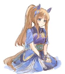 Rule 34 | 1girl, amaebichaaaaan, animal ears, armor, blue eyes, blush, breasts, brown hair, closed mouth, grass wonder (honor of the blue flame) (umamusume), grass wonder (umamusume), hair between eyes, hair ornament, highres, horse ears, horse girl, horse tail, japanese armor, japanese clothes, long hair, multicolored hair, official alternate costume, official alternate hairstyle, ponytail, short sleeves, simple background, solo, tail, umamusume, white background, white hair