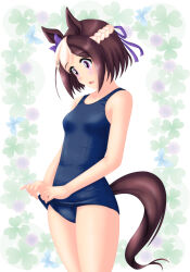 1girl animal_ears blue_one-piece_swimsuit braid breasts brown_hair cowboy_shot floral_print hair_ribbon half_up_braid highres horse_ears horse_girl horse_tail looking_down multicolored_hair neopure old_school_swimsuit one-piece_swimsuit purple_eyes ribbon school_swimsuit school_swimsuit_flap small_breasts solo special_week_(umamusume) standing swimsuit tail two-tone_hair umamusume