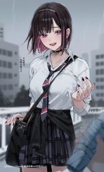 2girls bag bike_shorts_under_skirt black_bag black_cardigan black_choker black_hair black_hairband black_nails black_necktie black_shorts blurry blurry_background blurry_foreground breasts cardigan cardigan_around_waist chigusa_minori choker closed_mouth clothes_around_waist collared_shirt colored_inner_hair commentary_request depth_of_field diagonal-striped_clothes diagonal-striped_necktie dress_shirt folding_umbrella gradient_nails grey_skirt hairband highres holding holding_umbrella looking_at_viewer medium_breasts multicolored_hair multiple_girls nail_polish necktie open_mouth outdoors pink_hair plaid_clothes plaid_skirt pleated_skirt pov pov_hands purple_nails rain saotome_shino_(shino_to_ren) school_bag school_uniform shino_to_ren shirayuki_ren shirt short_hair shorts shoulder_bag skirt smile solo_focus striped_clothes three-quarter_sleeves translation_request twitter_username two-tone_hair two-tone_necktie umbrella wet wet_clothes white_shirt