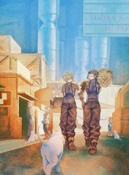 2girls 3boys armor baggy_pants belt betty_(ff7) black_gloves black_hair black_pants blonde_hair blue_shirt boots brown_boots cat child cloud_strife cross_scar facial_scar final_fantasy final_fantasy_vii final_fantasy_vii_rebirth final_fantasy_vii_remake gloves hair_between_eyes highres male_focus medium_hair multiple_belts multiple_boys multiple_girls pants pauldrons scar scar_on_cheek scar_on_face shi6s shirt short_hair shoulder_armor single_bare_shoulder single_pauldron sleeveless sleeveless_turtleneck suspenders turtleneck zack_fair