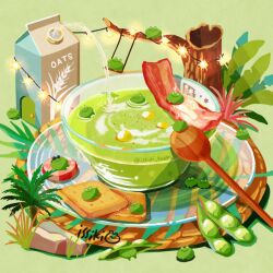 artist_name bowl cup drink edamame english_text food food_focus frog grass green_background green_tea green_theme issiki_toaki juice_box leaf milk_carton no_humans original plant plate saucer simple_background soup spoon star_(symbol) tea teacup tree water watermark