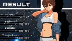 1girl bare_shoulders bra breasts brown_eyes brown_hair cityscape colored_skin earrings hand_on_own_face jacket japanese_text jewelry kei_sakuragi looking_to_the_side medium_breasts night open_clothes open_jacket panties picopico256 pixel_art short_hair smile spiked_hair standing tagme the_scramble_vice tomboy translation_request underwear white_bra white_panties