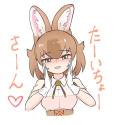 1girl absurdres animal_ears blush bow brown_hair brown_shirt brown_skirt collared_shirt dhole_(kemono_friends) dog_ears dog_girl glove_bow gloves hair_between_eyes high-waist_skirt highres jacket kemono_friends kemono_friends_3 looking_at_viewer multicolored_hair nokemono-san_(bocchi_friend) nose_blush official_alternate_costume orange_bow safari_jacket shirt short_hair short_sleeves sidelocks skirt solo translation_request two-tone_shirt upper_body white_gloves white_hair yellow_eyes