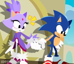 1boy 1girl artist_name blaze_the_cat cat_girl closed_mouth commentary eddysmash2407 english_commentary eyelashes furry hedgehog_boy highres holding_hands open_mouth shadow sonic_(series) sonic_the_hedgehog sonic_the_hedgehog_(idw) sonic_unleashed